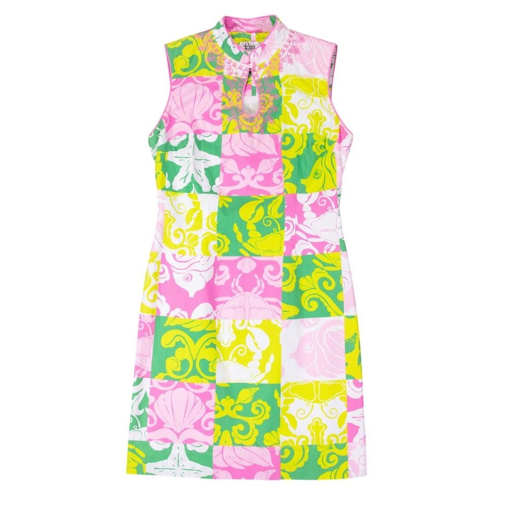 VTG Lilly Pulitzer White Label Womens Sz 2 Patchwork‎ Shift Dress Coastal Shells